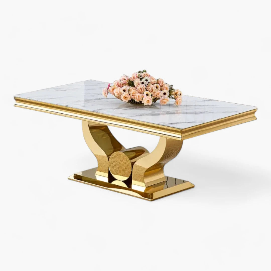 Table Basse TROPHEE plateau marbre couleur blanc pieds dorée en acier inoxydable